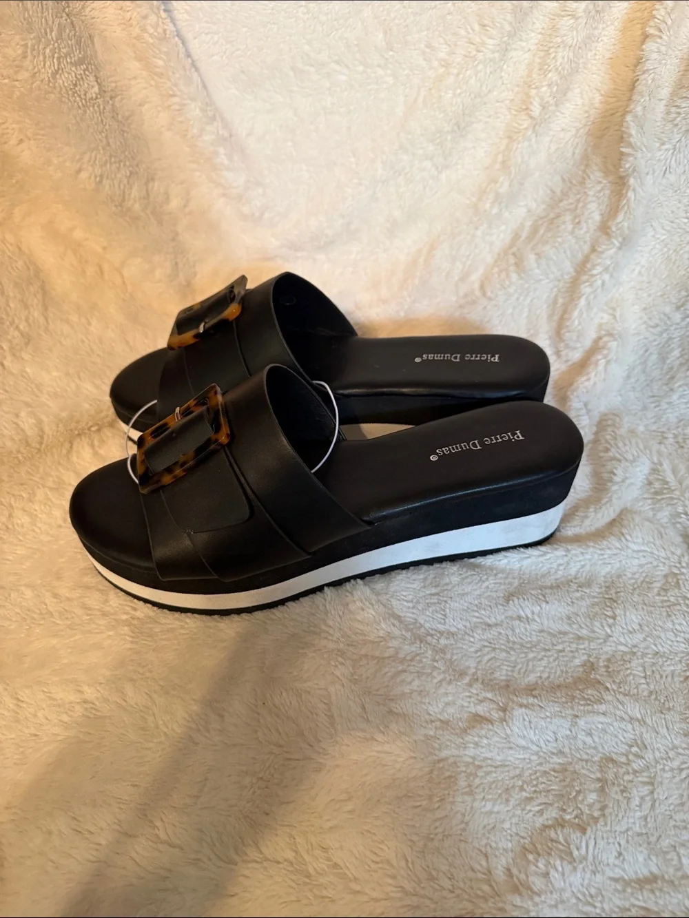 Pierre Dumas Womens Black Platform Slide Sandals Tortoiseshell Buckle Size 10‎